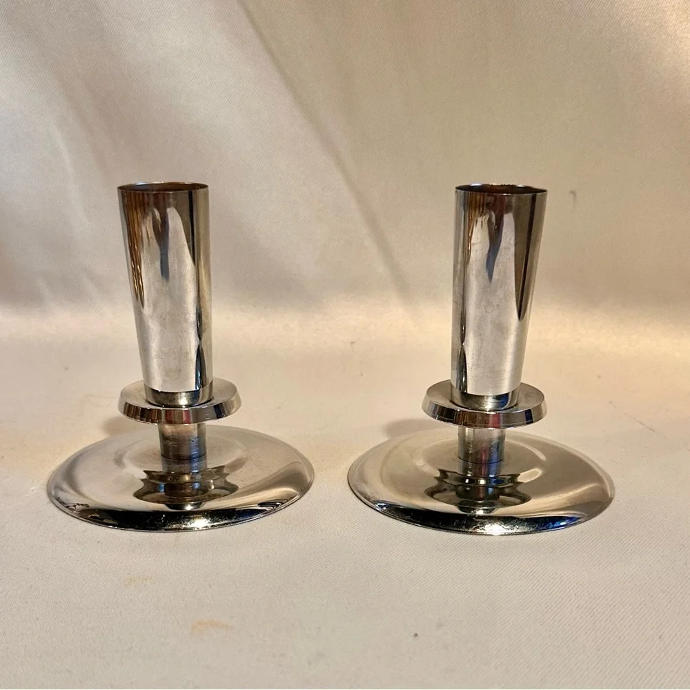 Vintage Art Deco Chrome Modernist Candle Holders-A Pair
